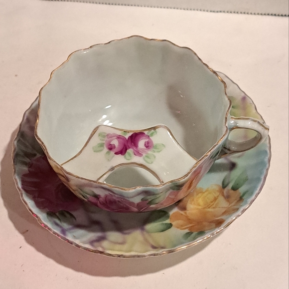 Vintage Mustache Cup & Saucer Shabby Pink Red and Yellow Roses Gold Accent. - Picture 2 of 8